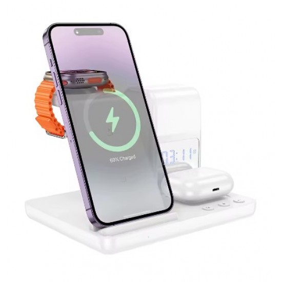 Ασύρματος φορτιστής για τρεις συσκευές(κινητό,smartwatch,bluetooth) της Hoco με ενσωματωμένο ψηφιακό ρολόι-φακό